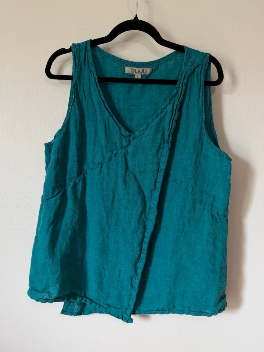 Flax turquoise teal wrap style 100% linen lagenlook tank top size large